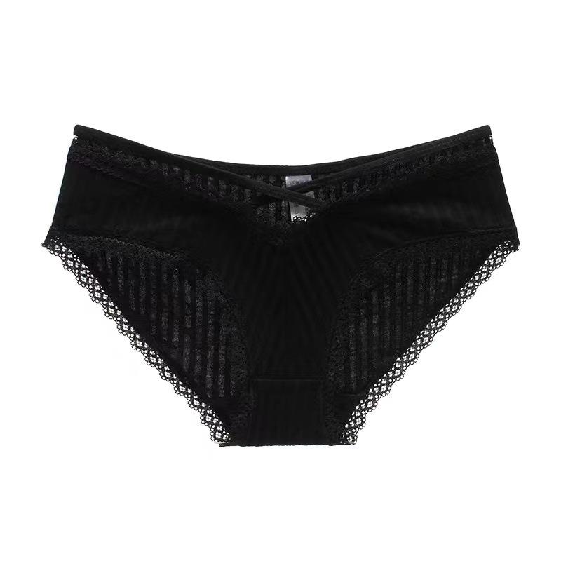 Japanese-Style Ribbed Low-Waist Cotton Panties with Lace Trim & Breathable Cross-Strap Design
