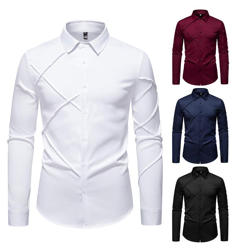 Autumn Men'S Solid Color Pleated Design Casual Long Sleeve Shirt Men'S Loose Shirt