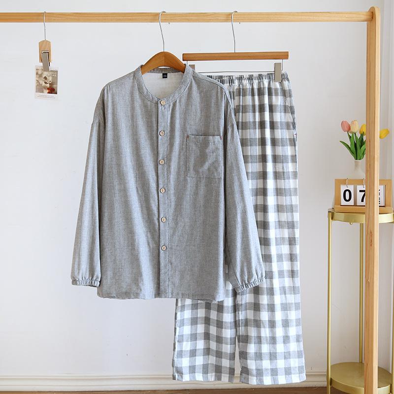 

Новый японский весенне-осенний мужской пижамный комплект из 100% хлопка в клетку с длинными рукавами, домашний костюм из двух частей, кардиган для мужчин 2XL серый