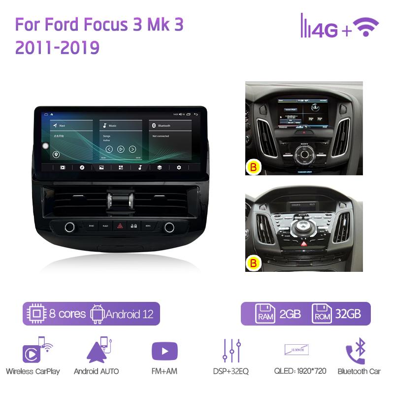 

12.3Inch For Ford Focus 3 Mk 3 2011-2019 Car Multimedia Player GPS Navigation Radio Android12 8+128G 8Core CarPlay 4G 360Camera