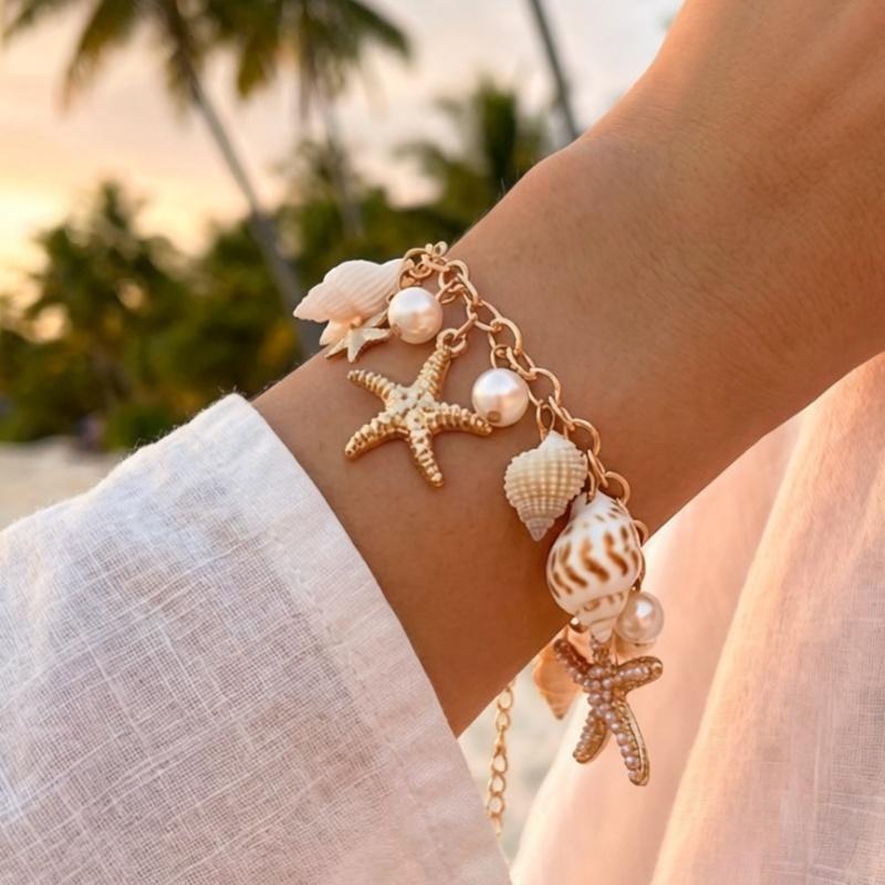 Rinhoo Ozean Stil Imitation Muschel Anhänger Armband für Frauen Boho Seestern Metallkette Sommer Strandparty Schmuck Geschenk
