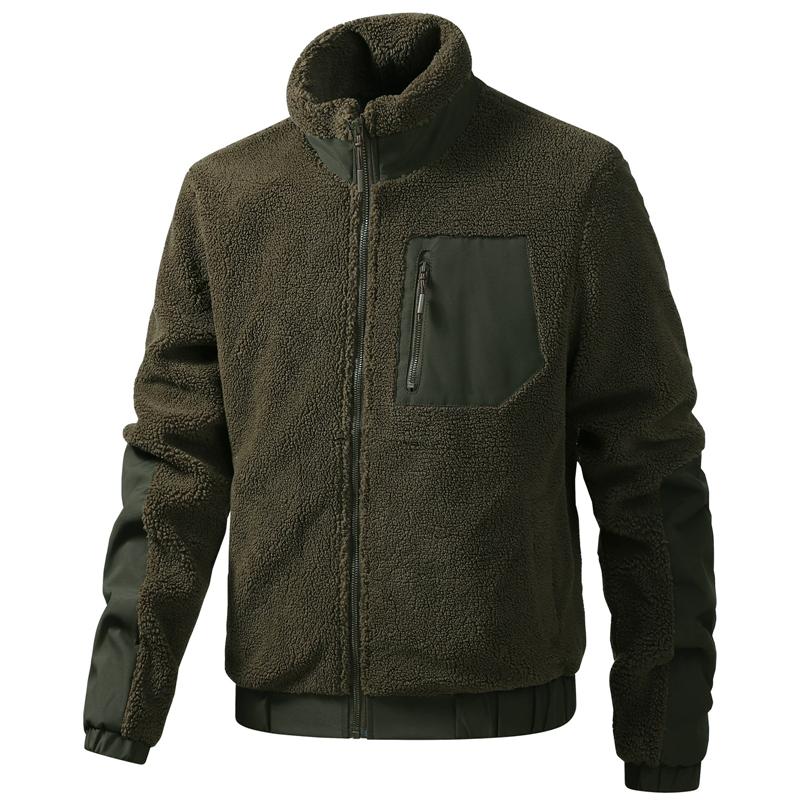 Lammvelours Warme Jacke Herren Stehkragen Verdickter Wintermantel Reißverschluss Kapuze Einfarbig Lässig Mode Oberbekleidung