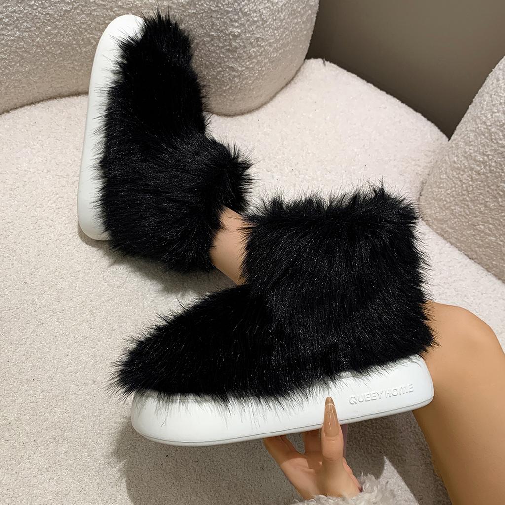 Fashion Casual Solid Thicken Bottom Faux Fur Boots Fluffy Long Plush Snow Boots Women Non Slip Soft Cotton Shoes Women 2025 Winter