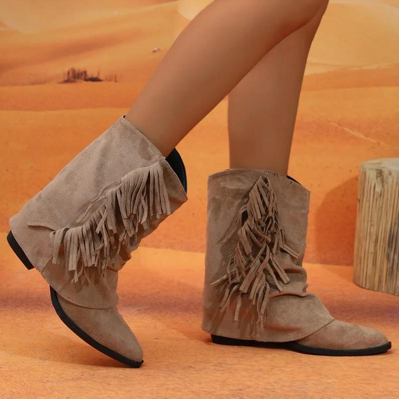 Fashion Pointed Toe Tassel Womens 2025 New Fall Winter All-match Pant Leg Boots Vintage Suede Booties