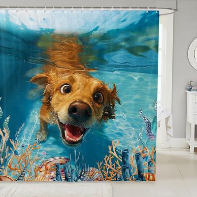 Funny Swimming Dog Fabric Shower Curtain Cute Pet Shower Curtain For Kids Ocean Theme Bathroom Waterproof Accessories With