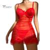 2 Pcs/Set Nightdress Panties Set Spaghetti Strap Backless Sleeveless Nightwear Pleated Transparent Mesh Bow Ruffle Dress Sleepwear Set G-string Set