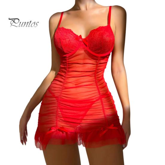 2 Pcs/Set Nightdress Panties Set Spaghetti Strap Backless Sleeveless Nightwear Pleated Transparent Mesh Bow Ruffle Dress Sleepwear Set G-string Set