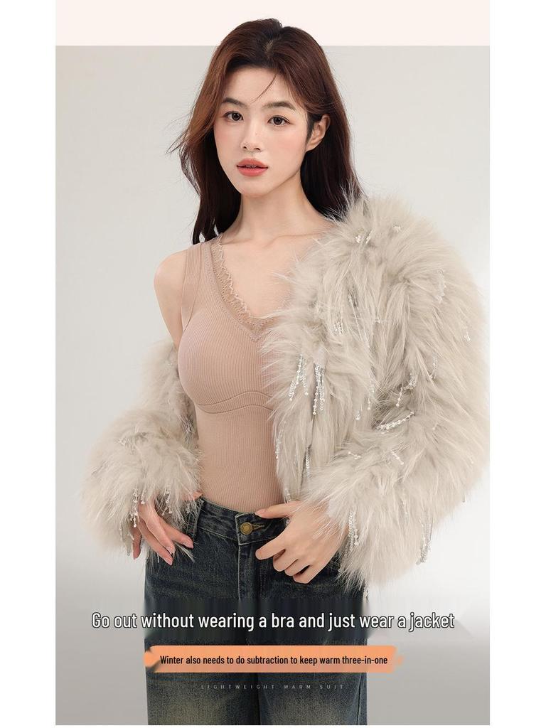 Sentimental Cat Women's Warm Vest with Chest Pads, Cashmere Silk, Enhances Bust, Autumn/Winter Slim Fit Innerwear