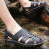 Men Brown Flats Slippers Summer Outdoor Wide Head Hiking Sandals Retro Black Leather Closed Toe Beach Shoes Plus Size
