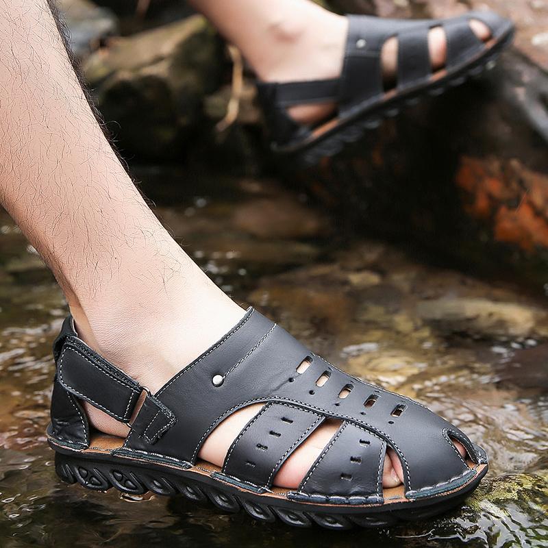 Men Brown Flats Slippers Summer Outdoor Wide Head Hiking Sandals Retro Black Leather Closed Toe Beach Shoes Plus Size