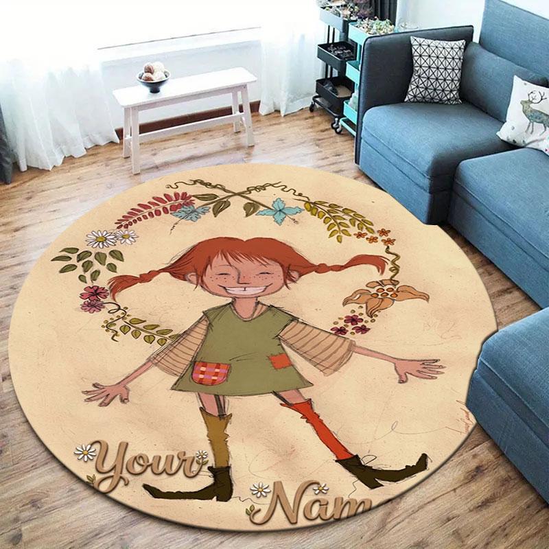 Pippi Longstocking Custom Name Round Area Rug,Carpet Rug for Living Room Bedroom Sofa Playroom Decor,Non-slip Floor Mat