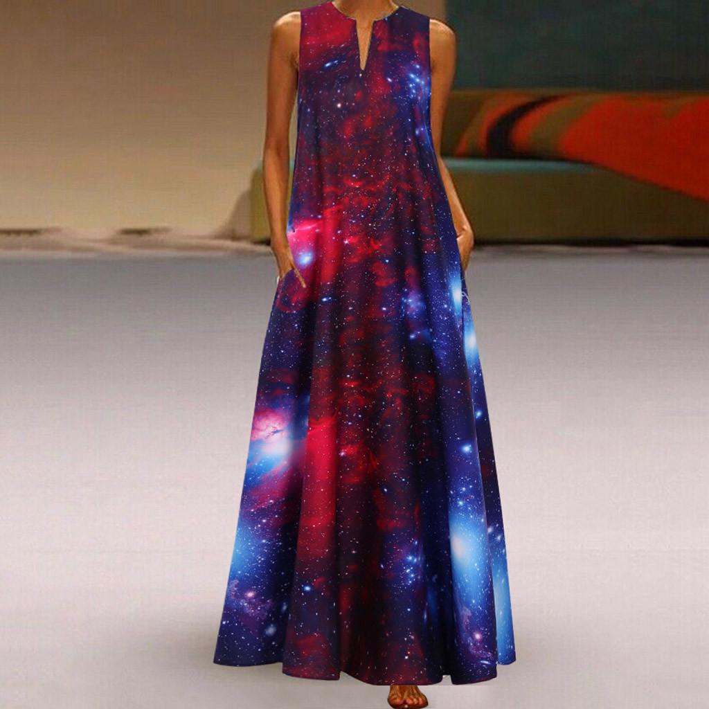 Women Plus Size Print Daily Casual Sleeveless Vintage Bohemian V Neck Maxi Dress