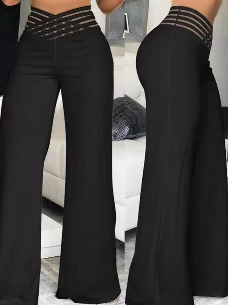 Damen Hollow Out Taillengürtel Lange Hose, Elegante Pendler Weitbeinige Hose Hohe Taille Lässige Weitbeinige Hose