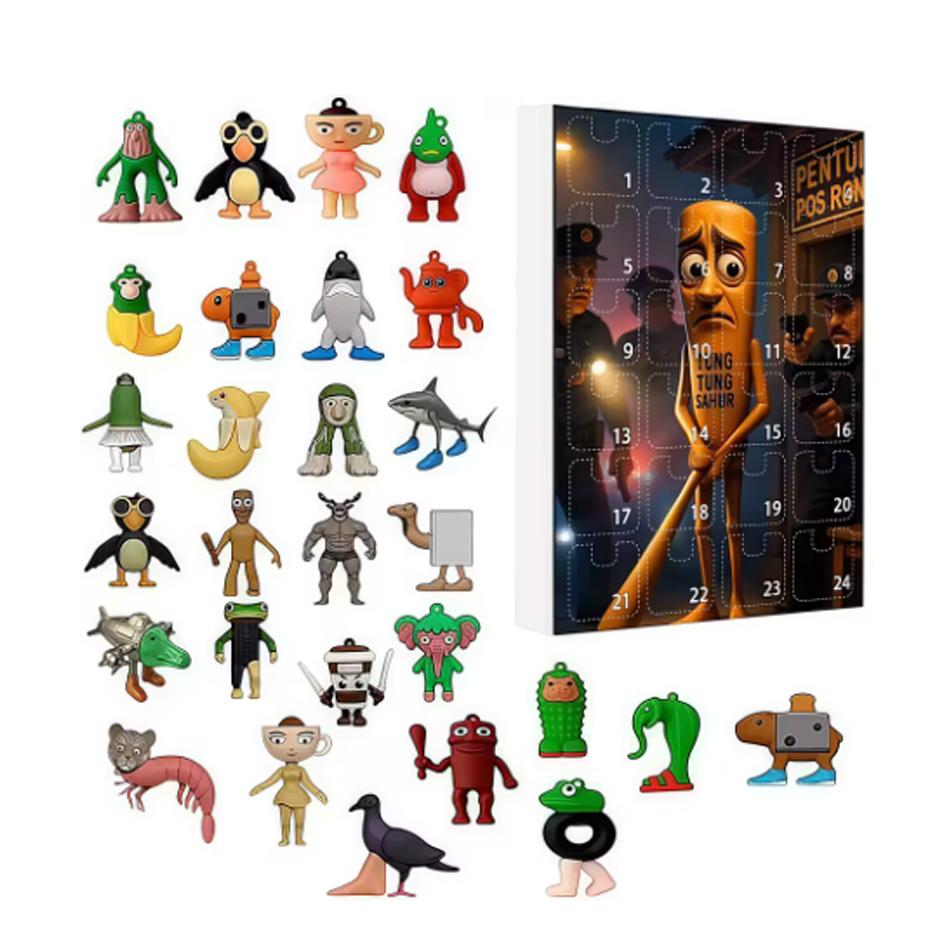 Christmas Arrival Calendar 24 Grid Countdown Brainrot Tung Sahur Pendant Acrylic Cartoon Animal Shark Wooden Stick Model Gift