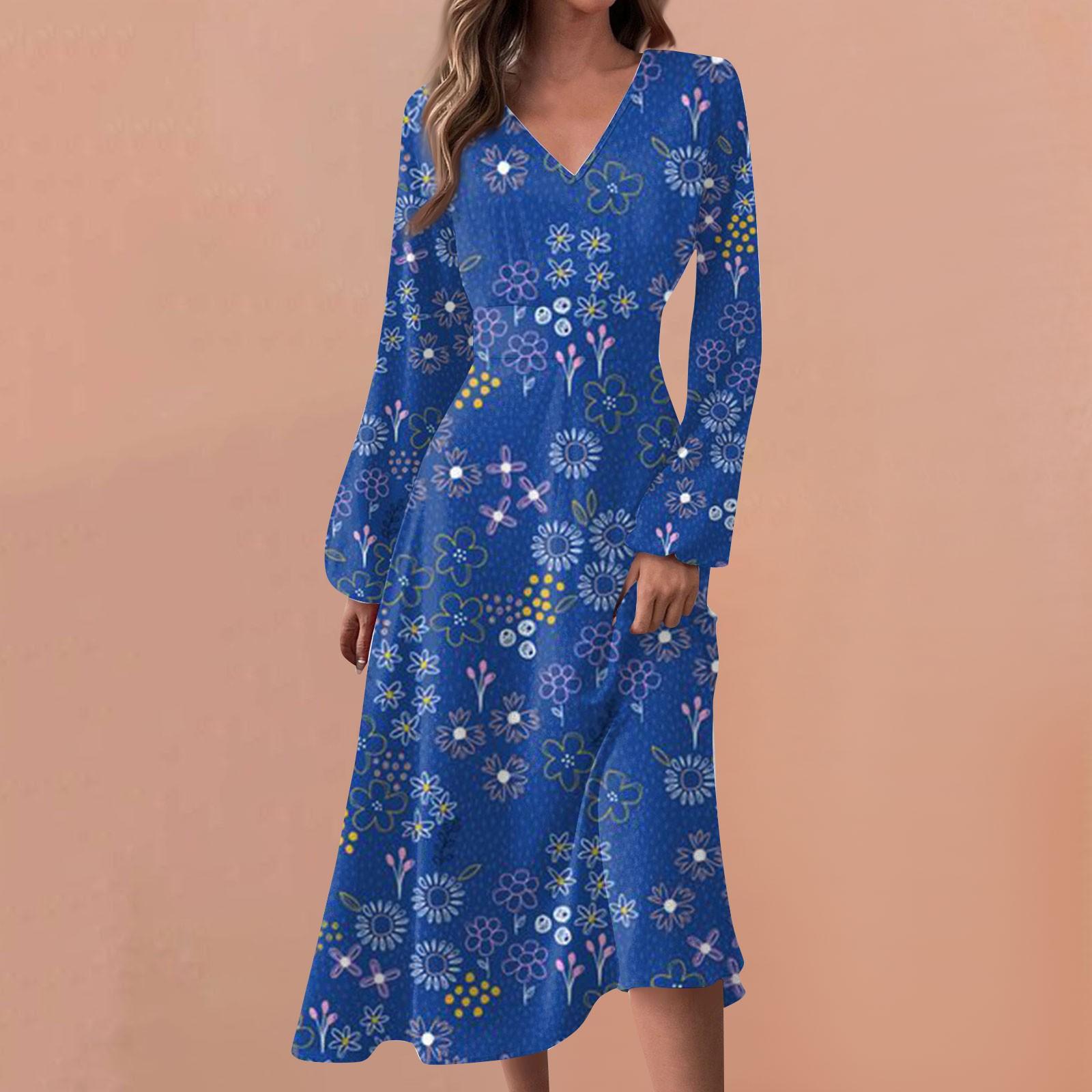 

Женские весенне-осенние повседневные модные длинные платья с v-образным вырезом и длинным рукавом с цветочным принтом