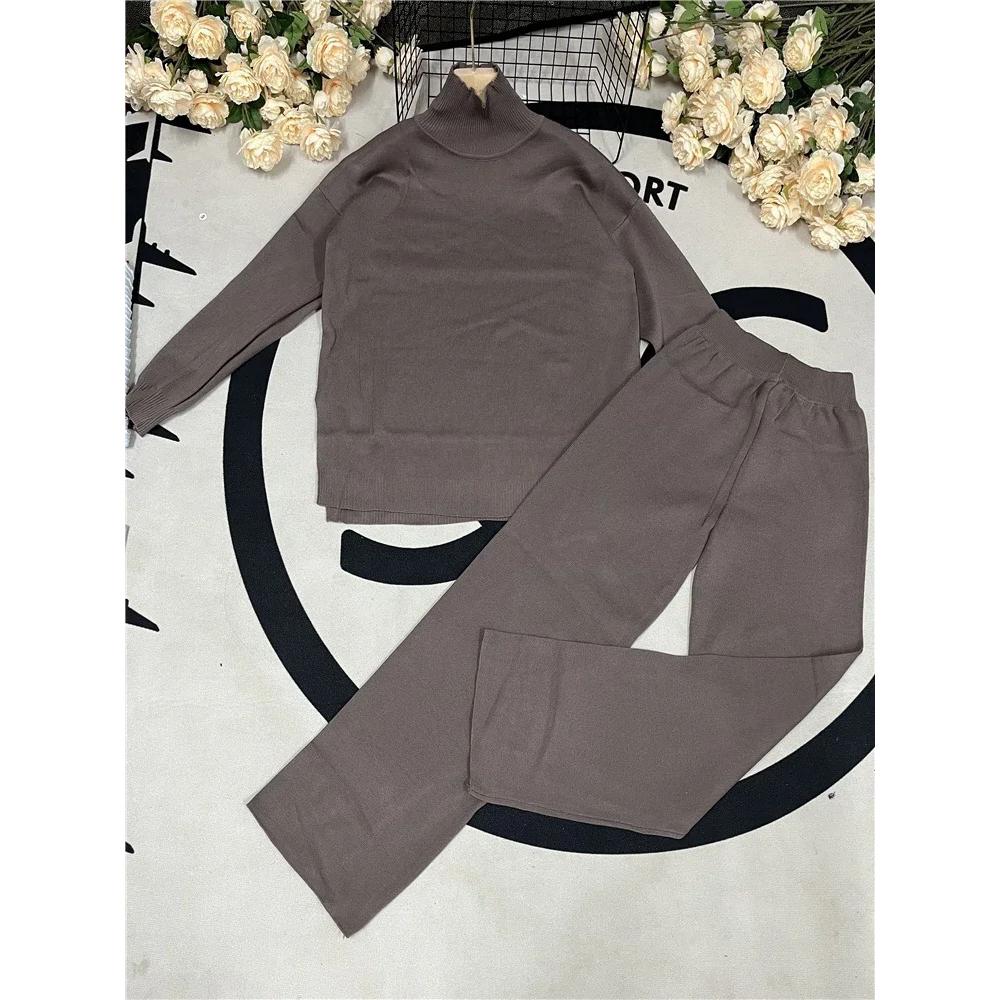 Autumn Winter 2 Pieces Women Sets Knitted Tracksuit Turtleneck Sweater and Straight Jogging Pants Suits