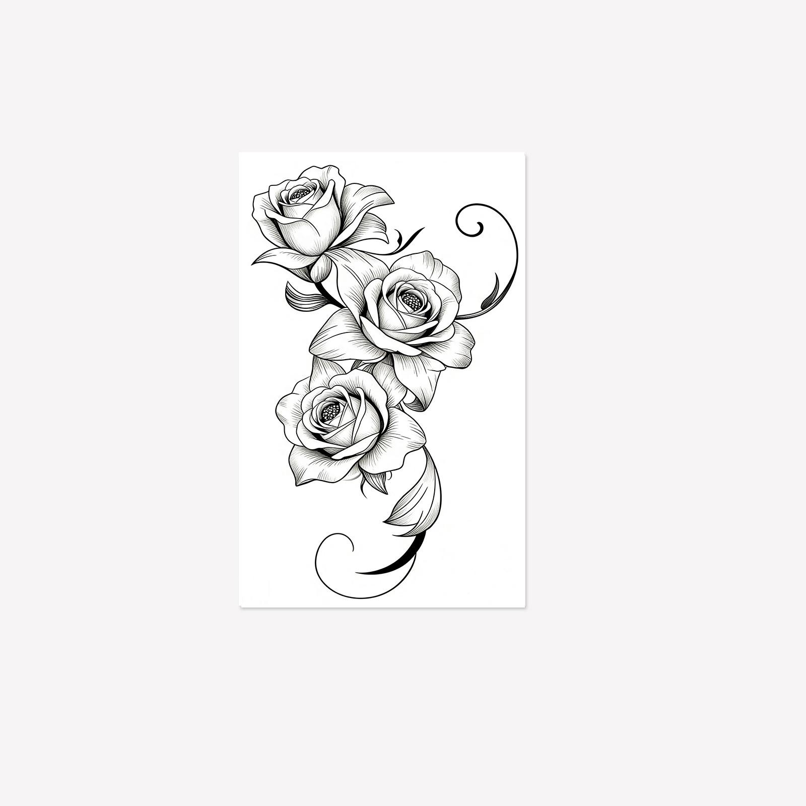 Plain Flower Rose Tattoo Sticker, Big Arm Semi-Permanent Waterproof Simulation, High-End Black And White Line Flower Arm Sticker 12*19CM