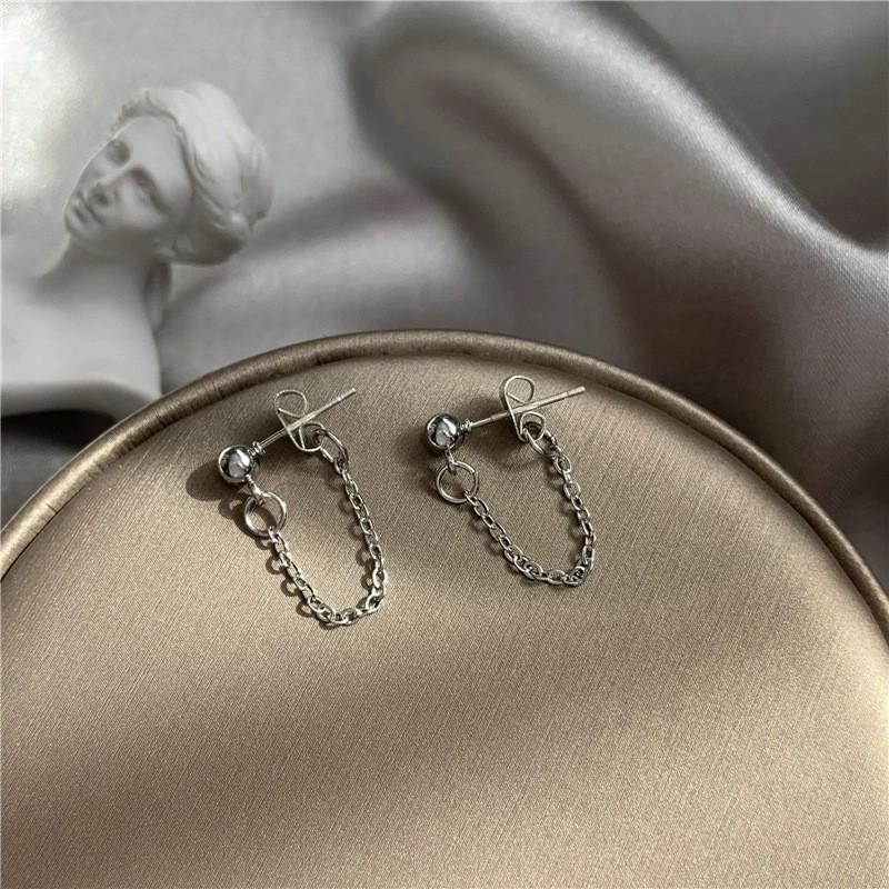 Stainless Steel Chain Tassel Earrings: Light Luxury Bean and Round Ball Studs, Versatile and Exquisite Ear Jewelry