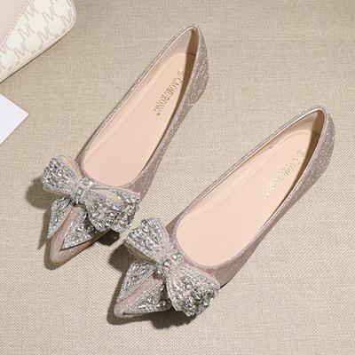 Chaussures Plates à Nœud Papillon en Cristal Mode Femme Rose/Argent Demoiselle d'Honneur Mariage Dames Ballerines Cheongsam Pailletées Bout Pointu Mocassins Femmes