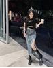 2023 Women's A-Line High-Waisted Blue Denim Midi Skirt with Slimming Slit and Large Hem