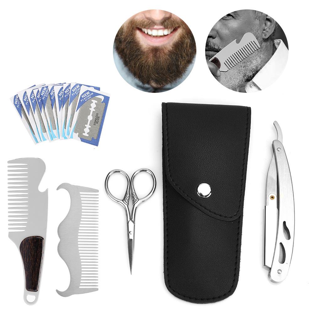 6pcs Beard Kit Shaving Knife Blade Beard Brush Scissors Storage Bag Modeling SetBeard Care Set