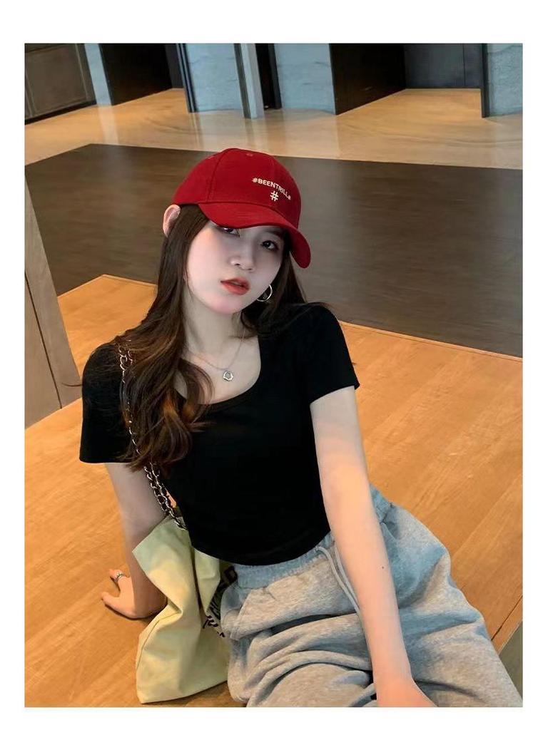 Women's Slim Fit Square Neck Short-Sleeve Tee - Summer Thin, Figure-Flattering, Pure Style, Plain Color Trendy Top