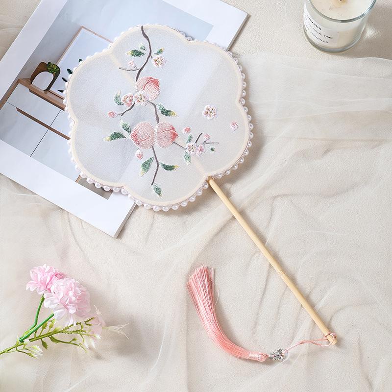 1PC Embroidery Round Fan, Ancient Female Dance Chinese Fairy Peach Blossom Handheld Small Round Fan, Folding Hand Fan