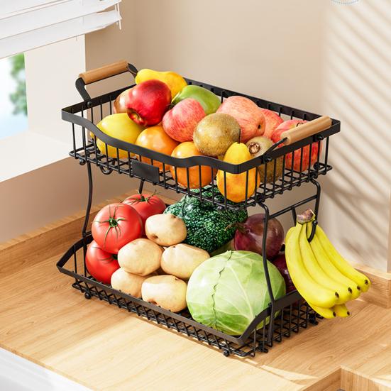 Košík na ovoce Kuchyňský úložný regál s dřevěnými rukojeťmi Dvouvrstvý design Velká kapacita Koš na zeleninu a ovoce s držáky na banány