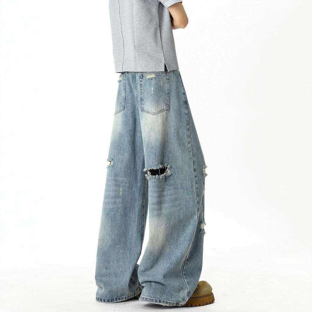 Trendy Brand Design Sense Ripped Jeans Men's Summer Loose Drape Washed Wide-leg Pants High Street Old Mopping Trousers