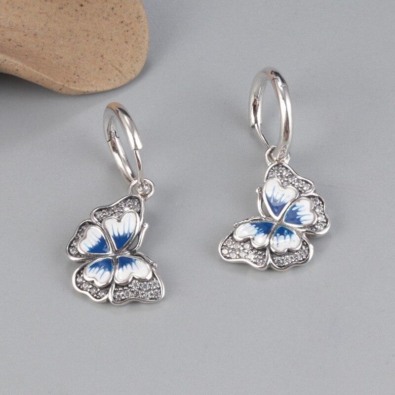 925 Sterling Silver Enamel Butterfly Hanging Earrings Certificated Jewelry Simple Marcasite Stone Ear Buckle Small Earrings E159