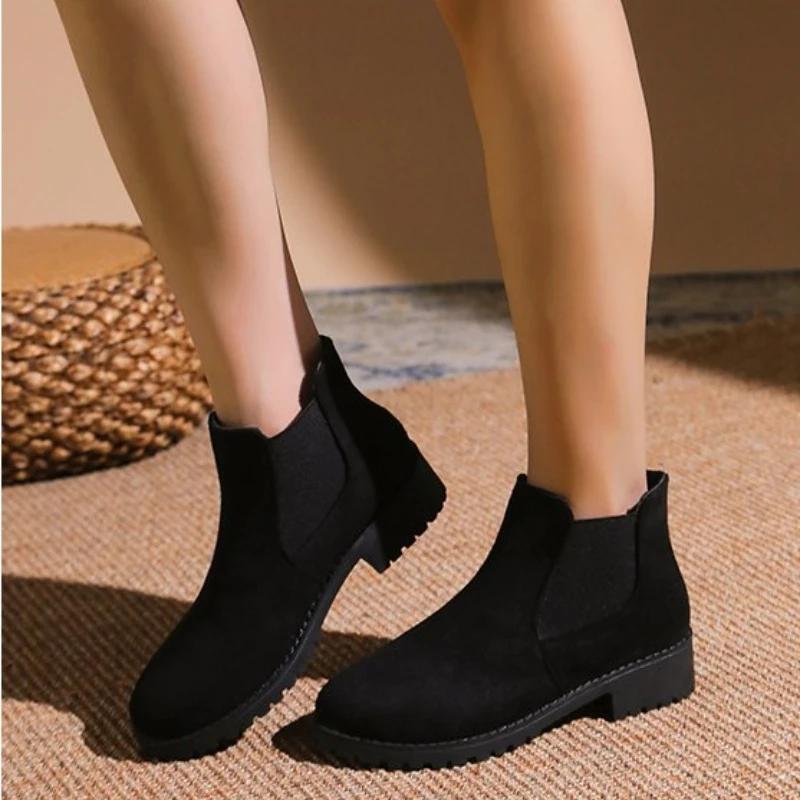 

Зимняя новая женская обувь, модные ботильоны, женские квадратные каблуки, круглые носки, короткие ботинки, женская мода 36