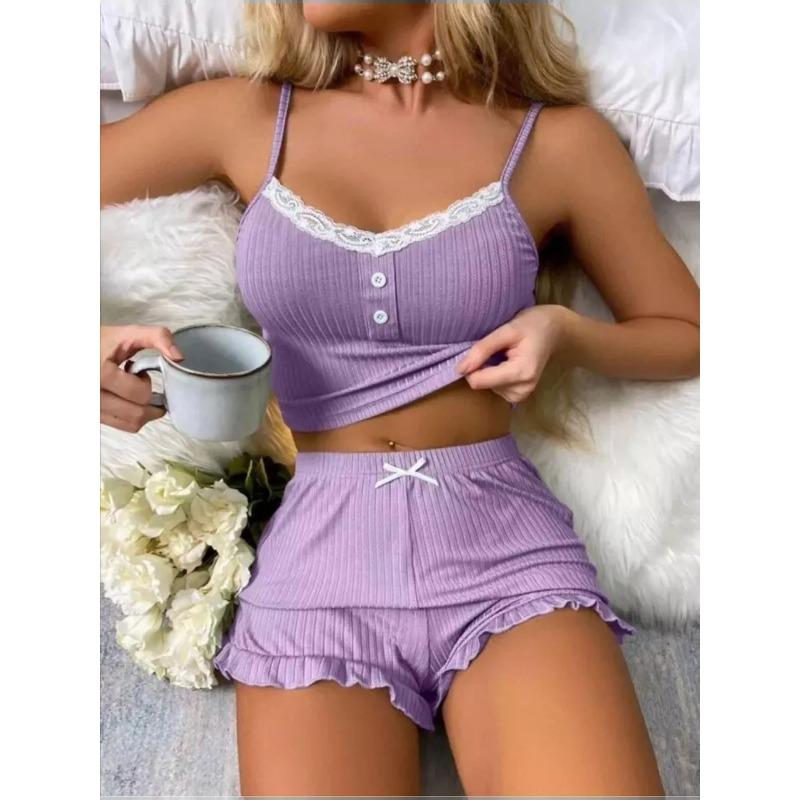 Summer Women's Pajamas Set Lace Button Patchwork Top Ruffles Shorts Sleepwear 2 Piece Set for Women Sexy Cami Slim Pyjamas Suit