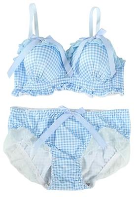 [TOKYO GOODS MARKET] [PureAribon] Dreamy Frilly Push-Up Bra and Panty Set, Wireless Easy Bra (Blue Gingham Check, XL)