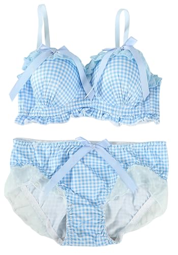 

[РЫНОК ТОВАРОВ ТОКИО] [PureAribon] Мечтательный комплект: бюстгальтер пуш-ап с рюшами и трусики, беспроводной удобный бюстгальтер (Синяя клетка «виши», XL)