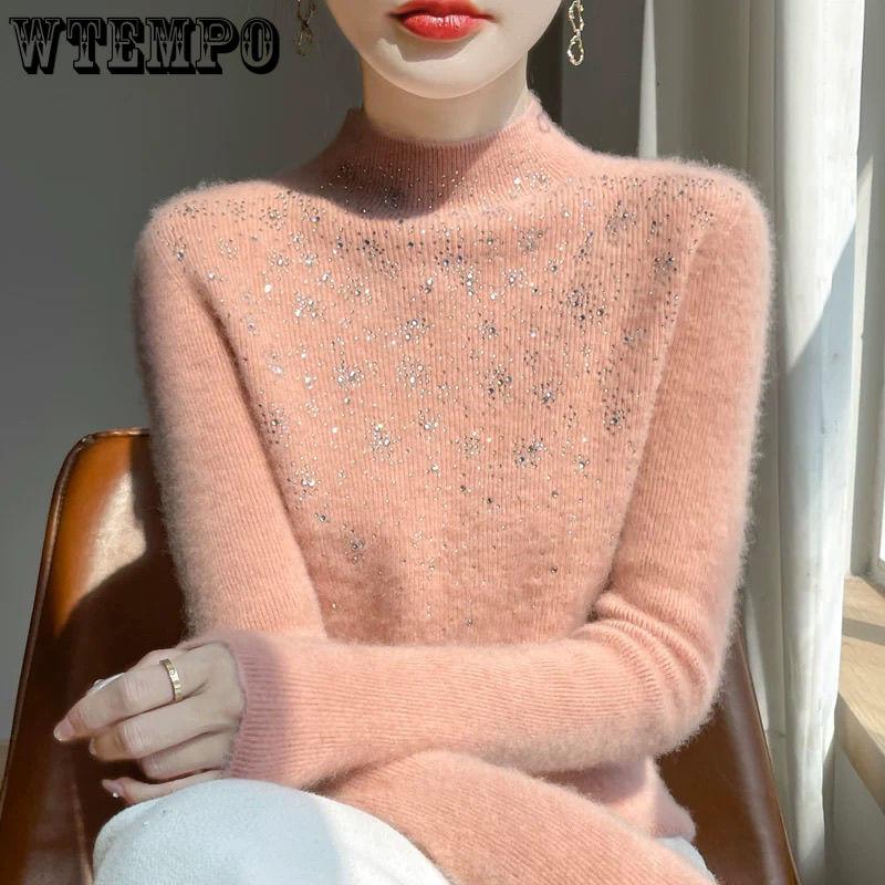 Schwerer Strass-Pullover für Damen, dick, Winter, Slim Fit, innen gestrickter Basis-Pullover-Top