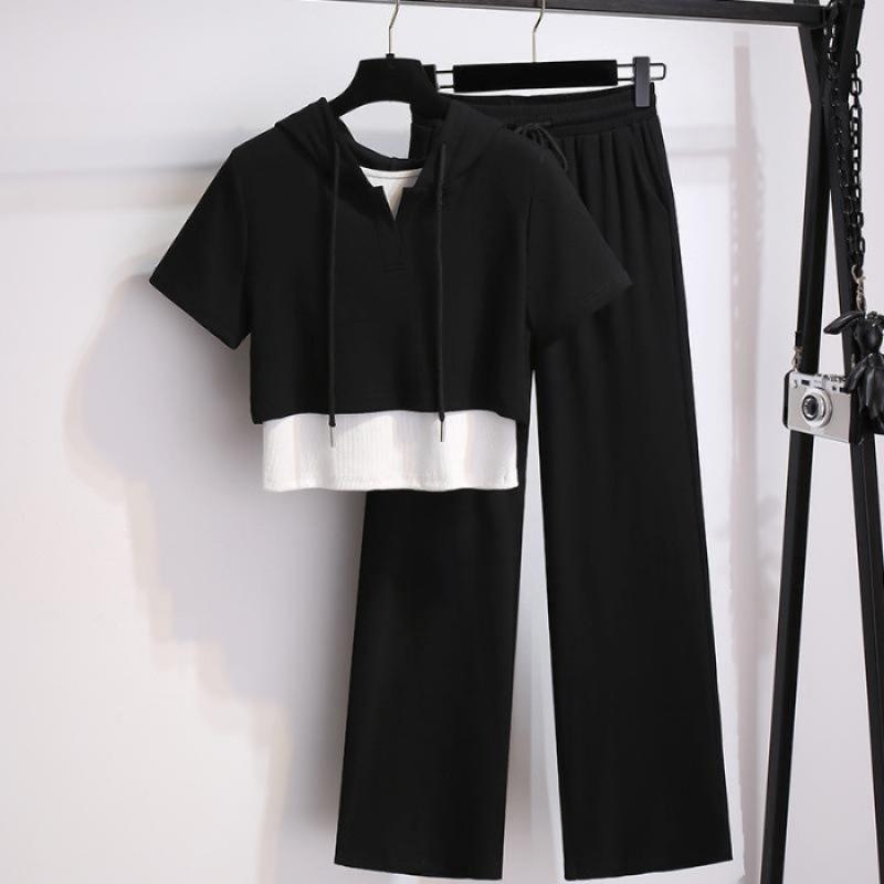 

A Fashionable, Casual and Sporty Women s Summer Set That Is Both Stylish and Slimming, Featuring Shorts, Top and Wide-leg Pants XXL чорний