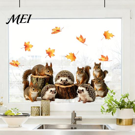 Forest Animal Window Film 2PCS Static Sticker, Squirrel And Hedgehog Printed, Autumn No Glue Glass Stickers Theme Waterproof PVC Decal, for