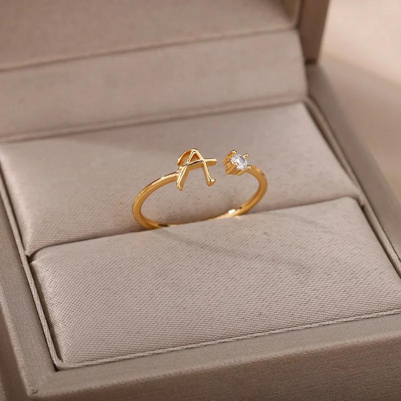 Tiny Initial Letter Rings For Women Stainless Steel A-Z Letters Adjustable Ring Female Christmas Aesthetic Jewelry