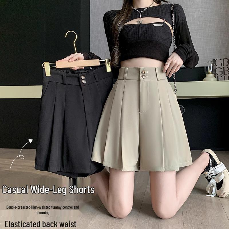 Autumn 2024 High-Waisted Petite Pleated A-Line Culottes - Black Wide-Leg Women's Shorts