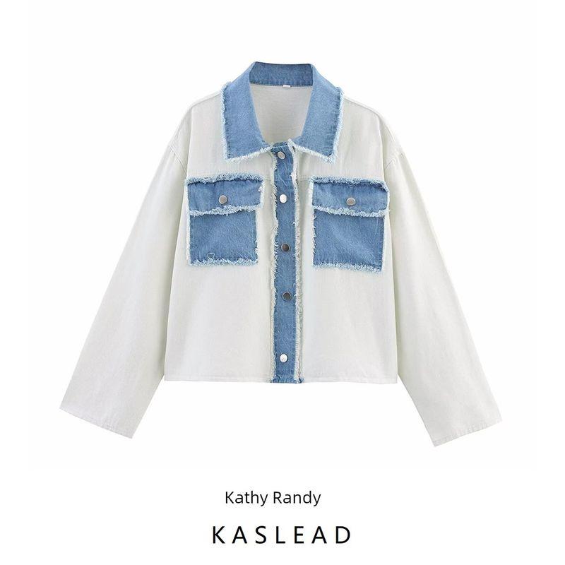 Kaslead New Women Clothes Western Style Casual Contrast Color Knitted Patchwork Denim Cardigan Top Outerwear