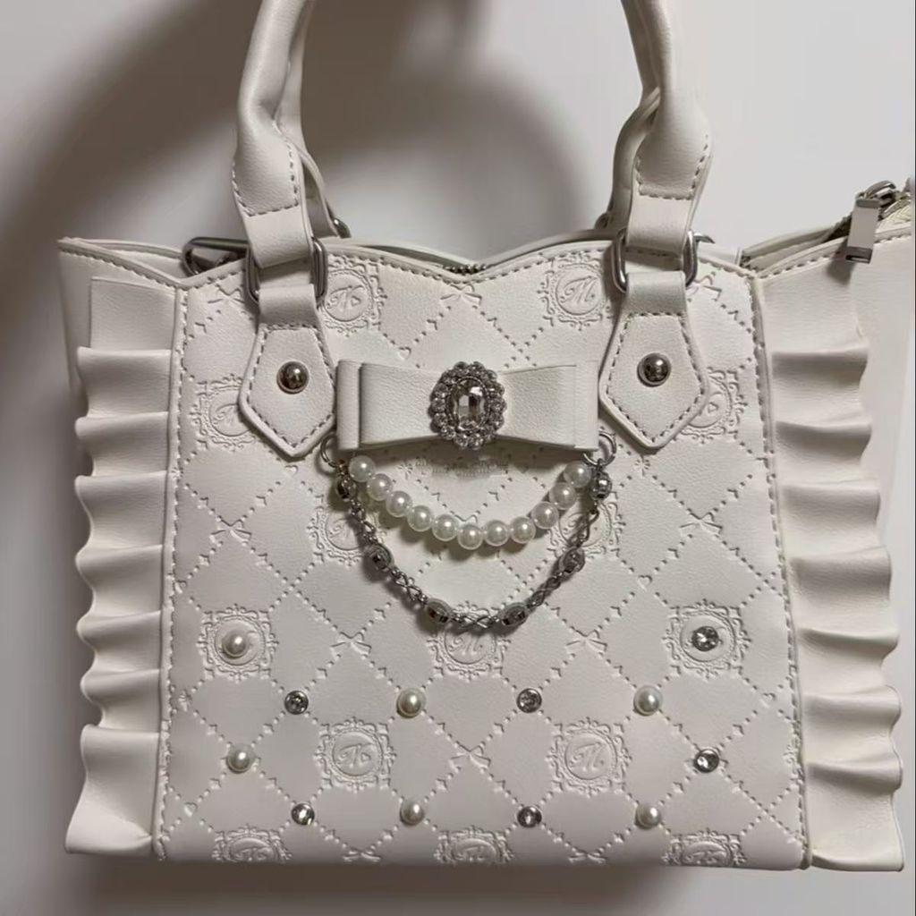 Small Square Pu Handbag With Bows And Rhinestone Decorations For Casual Travel And Summer Fashion