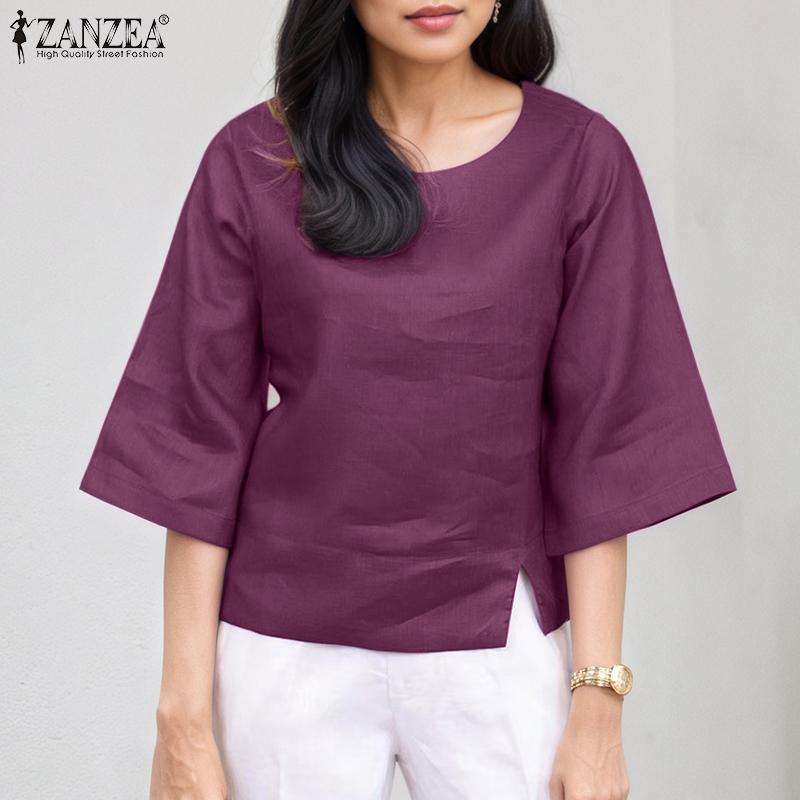 

ZANZEA Women Casual O-neck Summer Solid Color 3/4 Sleeve Blouse