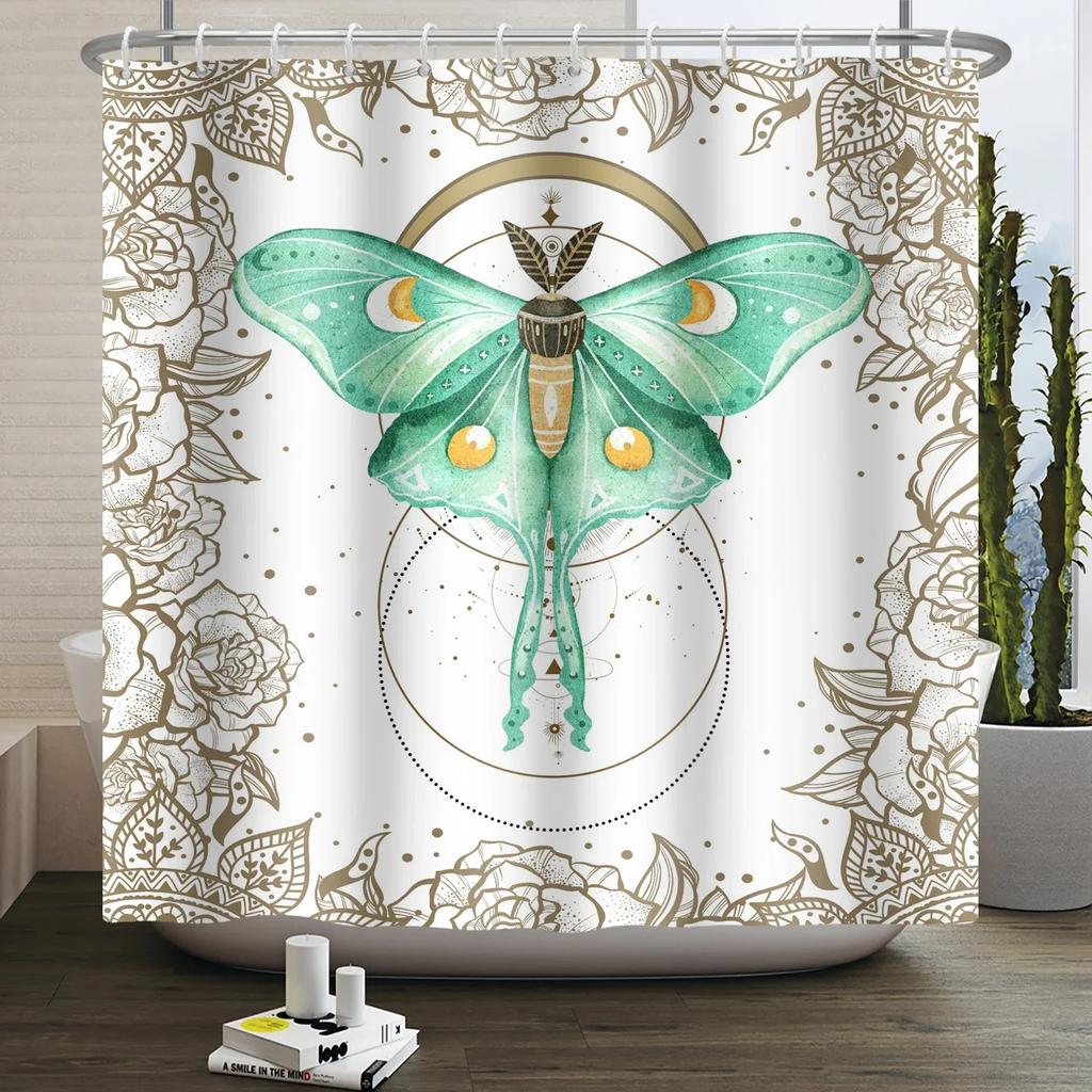 Moth Shower Curtain Moon Phase Butterfly Mushroom Psychedelic Tarot Gothic Shower Curtain for Bathroom Waterproof Bath Curtain