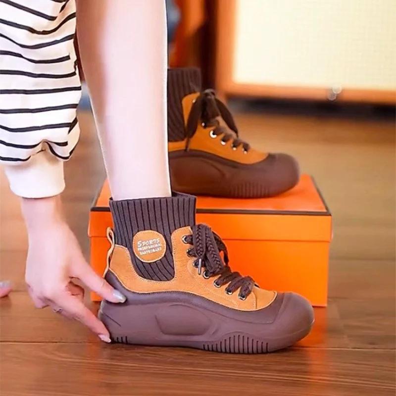 Fashion Women Boots Autumn/winter Lace Up Thick Soled High Elastic Short Boots Fashion High Top Comfort Non Slip Outdoor Shoes 2025