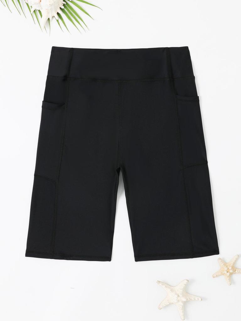 Women's High-Waisted Swim Shorts with Pockets - Flat-Leg, Five-Point Trunks