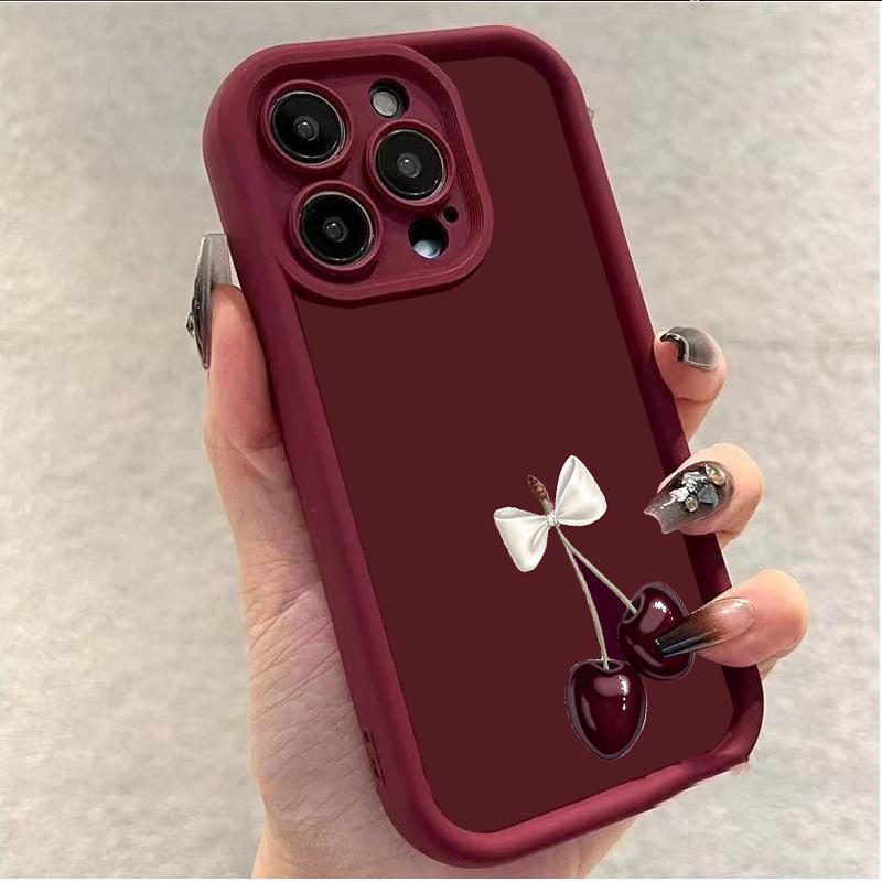 Wine Red Cherry Pattern Phone Case Suitable for iPhone 17 16 15 14 13 12 11 Pro/Max/Plus Anti Drop and Shockproof Back Cover