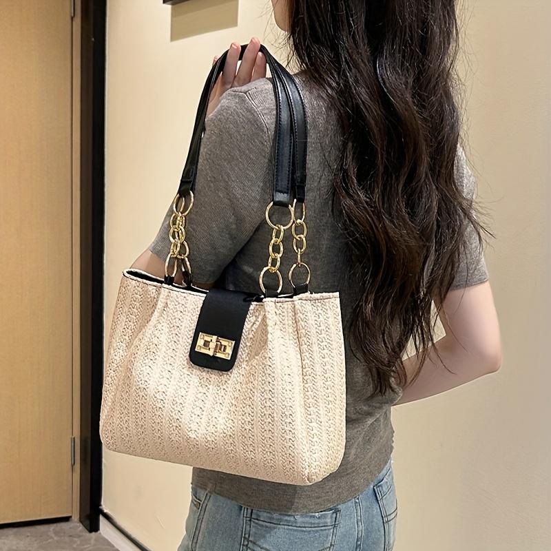 Sac à bandoulière élégant pour femme en tissu tissé grande capacité, bandoulière à chaîne parfaite pour les sorties décontractées et le shopping, sac cabas tissé