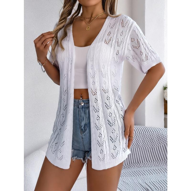 Spring Summer Hollow Out Short Sleeved Knitted Cardigan Sweater Vacation Casual Simple Women Sunscreen Long Shirt Solid Color Women's Clothing