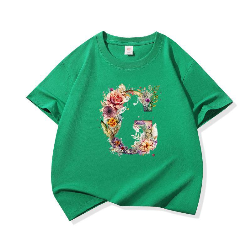 Kids Cotton T Shirt Floral Letter G Print Crew Neck Short Sleeve Tee Casual Boys Girls Summer Tops