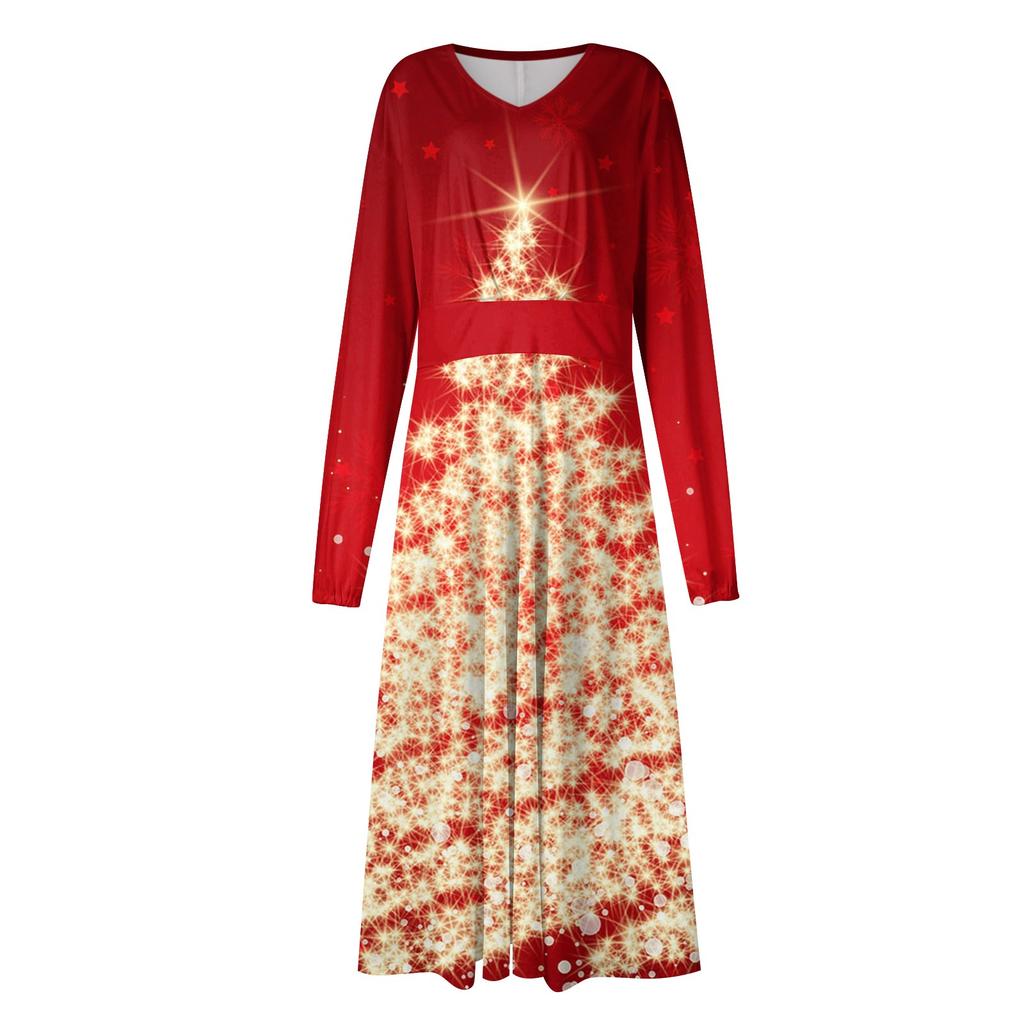 Dámská podzimní a zimní ležérní móda Vánoční dlouhé šaty s výstřihem do V a dlouhým rukávem